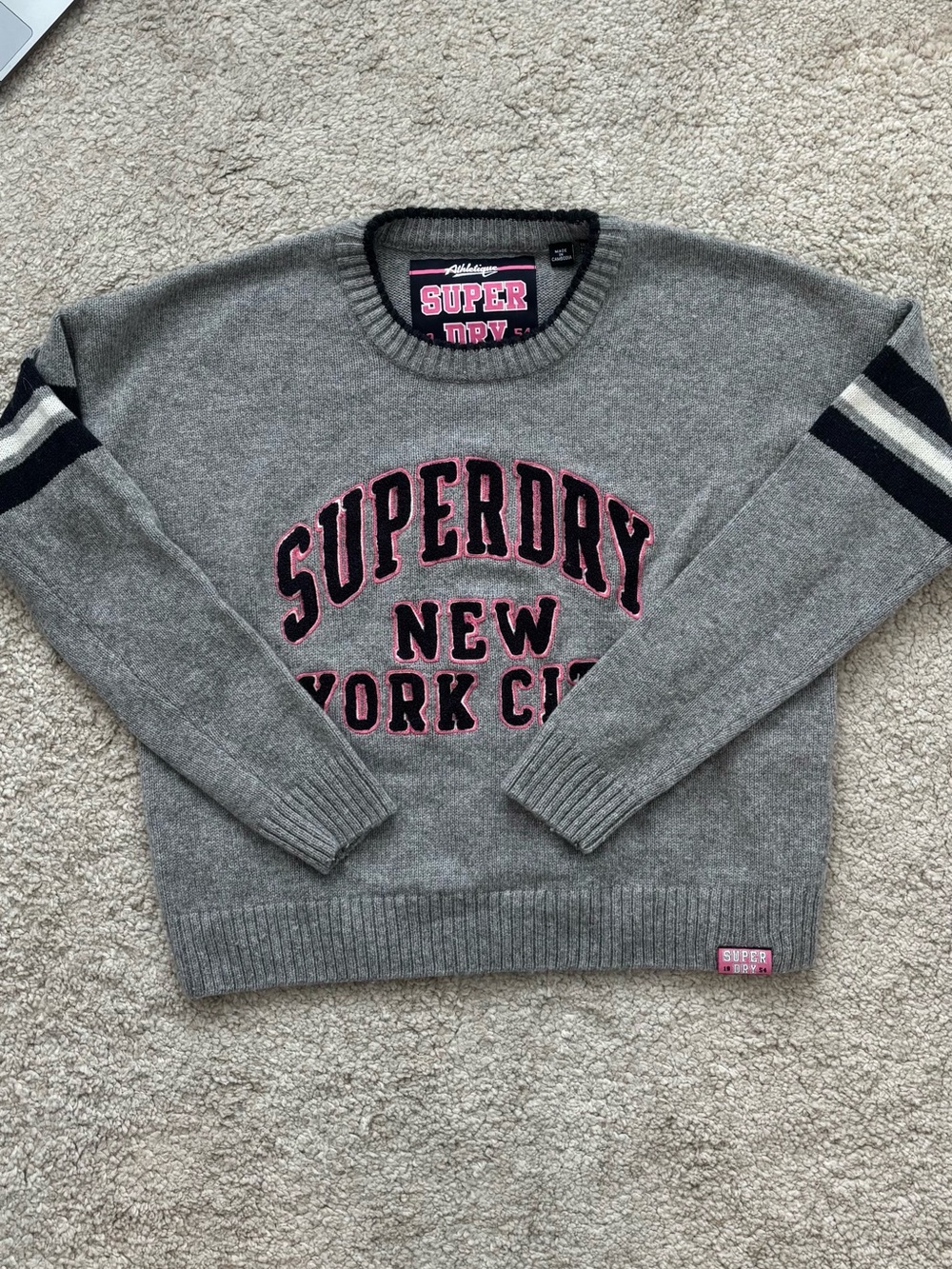 Superdry Gray Crewneck Sweater with Pink Logo and Navy Stripes